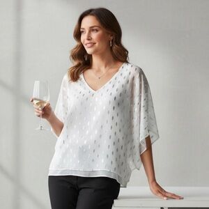 White House Black Market | White Silver Foil Kimono Sleeve Blouse L